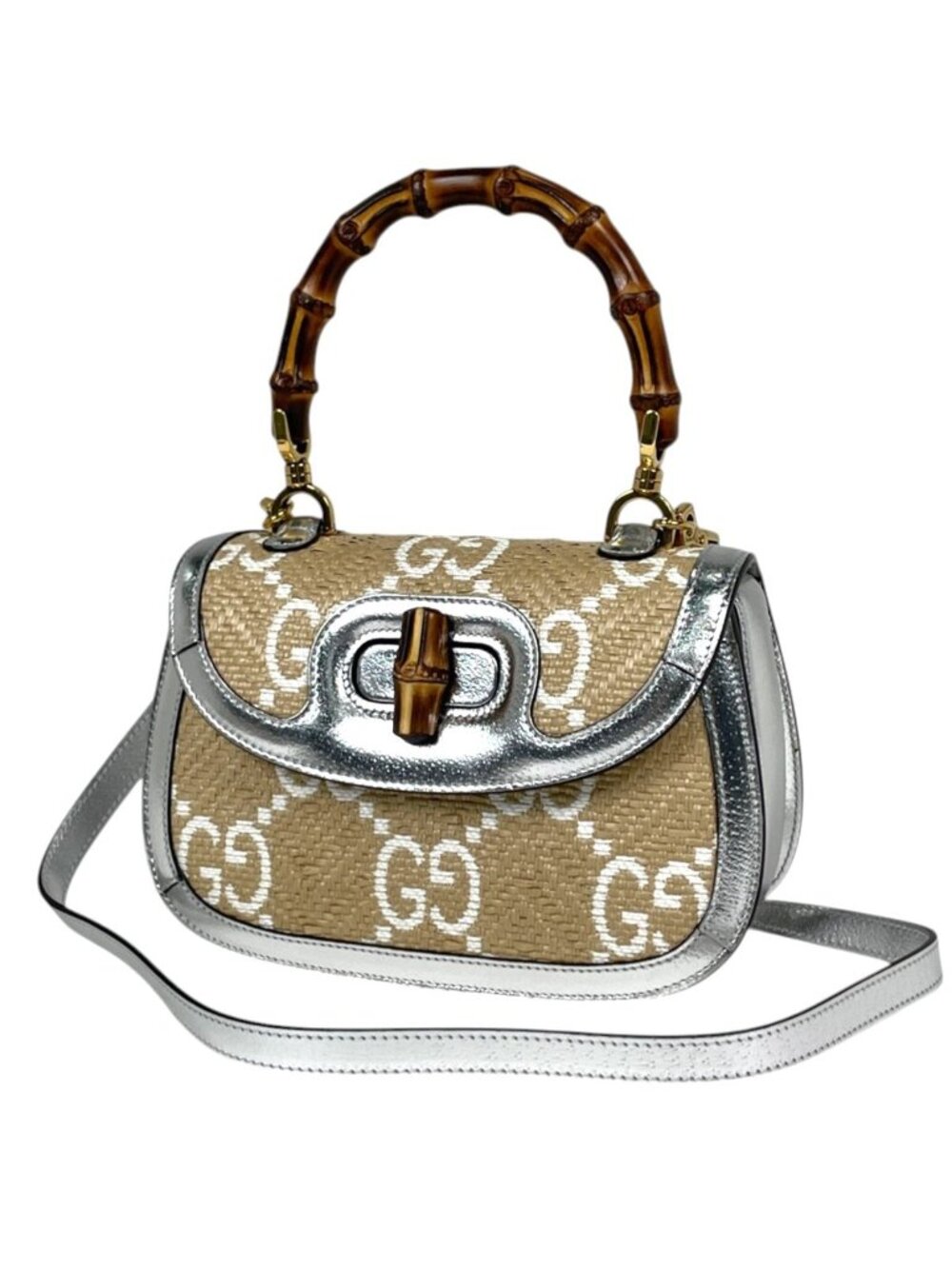 Gucci Handbag Bamboo 2-Way Enamel Raffia Beige Silver